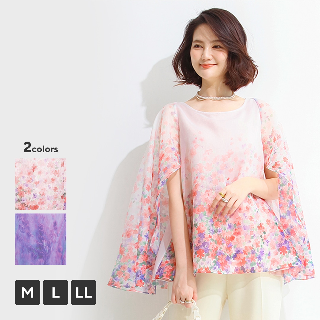 オーガンジーケープブラウス（ピンク花柄/L）