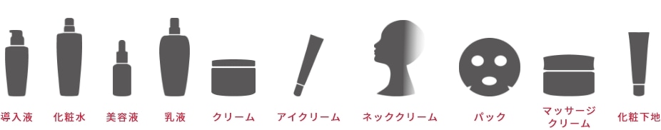 導入液、化粧水、美容液、乳液、クリーム、アイクリーム、ネッククリーム、パック、マッサージクリーム、化粧下地